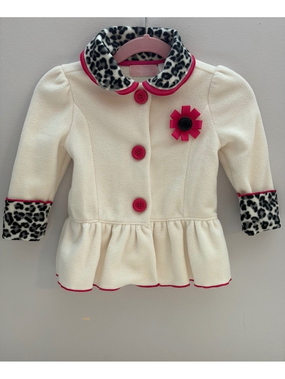 Kids Headquarters 12M Cream Fleece Coat with Leopard Print Collar and Cuffs